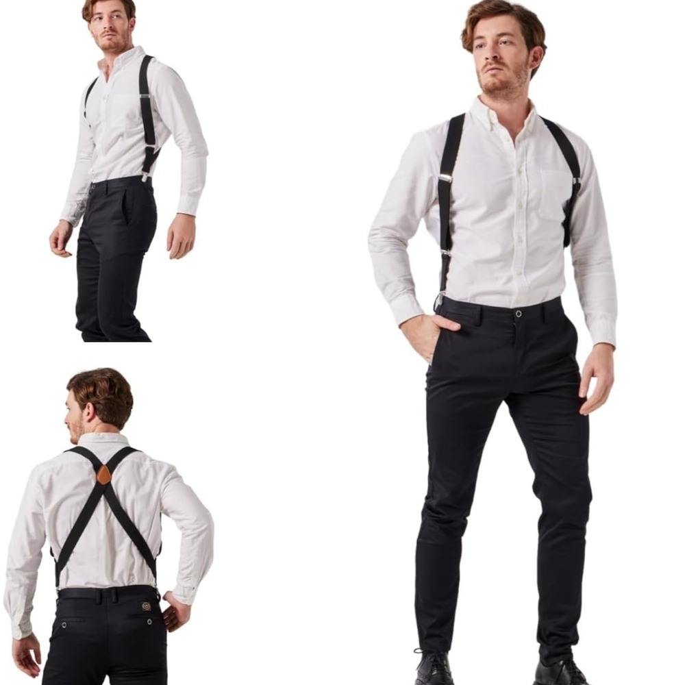 Suspenders X-Back Black Elastic Clip-On Wide Braces One Size NIB